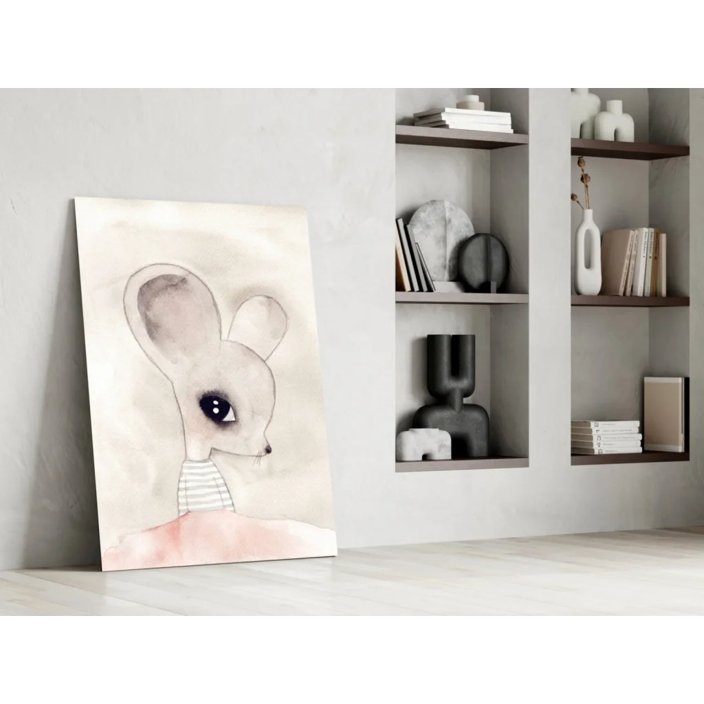 Adorable mouse watercolor wall art with striped collar and big eyes