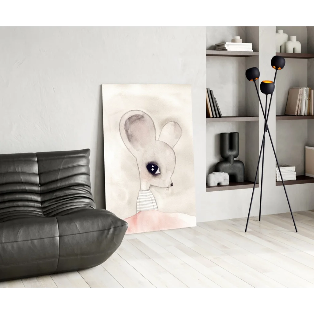 Adorable watercolor mouse in striped shirt and pink skirt wall art