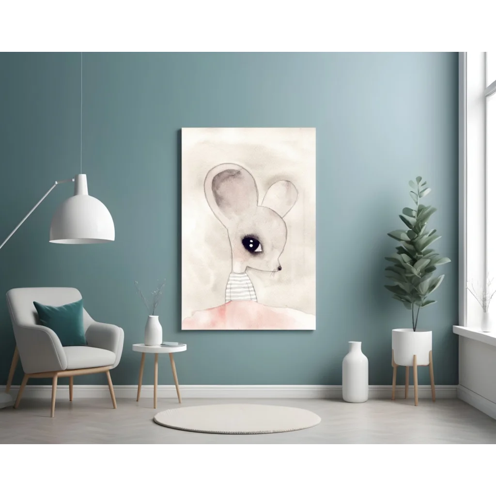 Adorable mouse watercolor wall art with striped collar on pink fabric