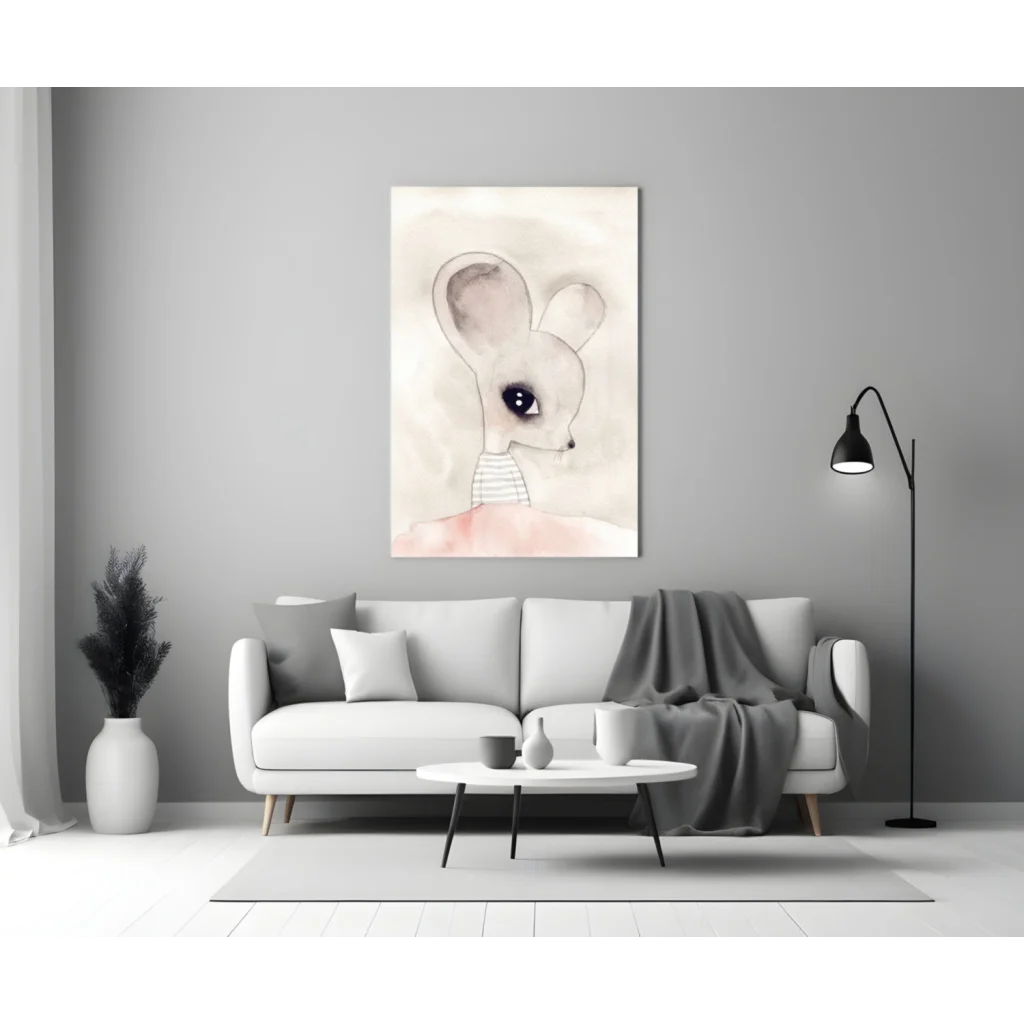 Adorable watercolor mouse wall art in pink and gray with striped collar