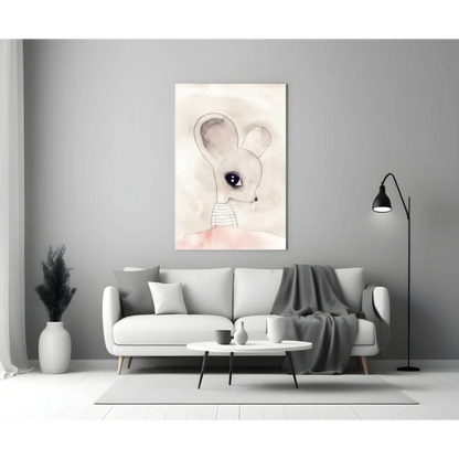 Adorable watercolor mouse wall art in pink and gray with striped collar