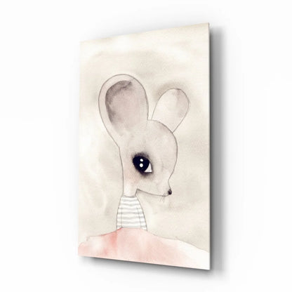 Cute gray mouse watercolor wall art with striped collar on beige background