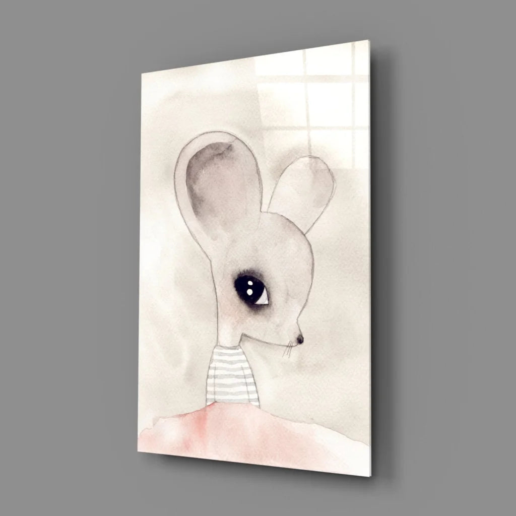 Adorable mouse watercolor wall art with striped collar and big eyes