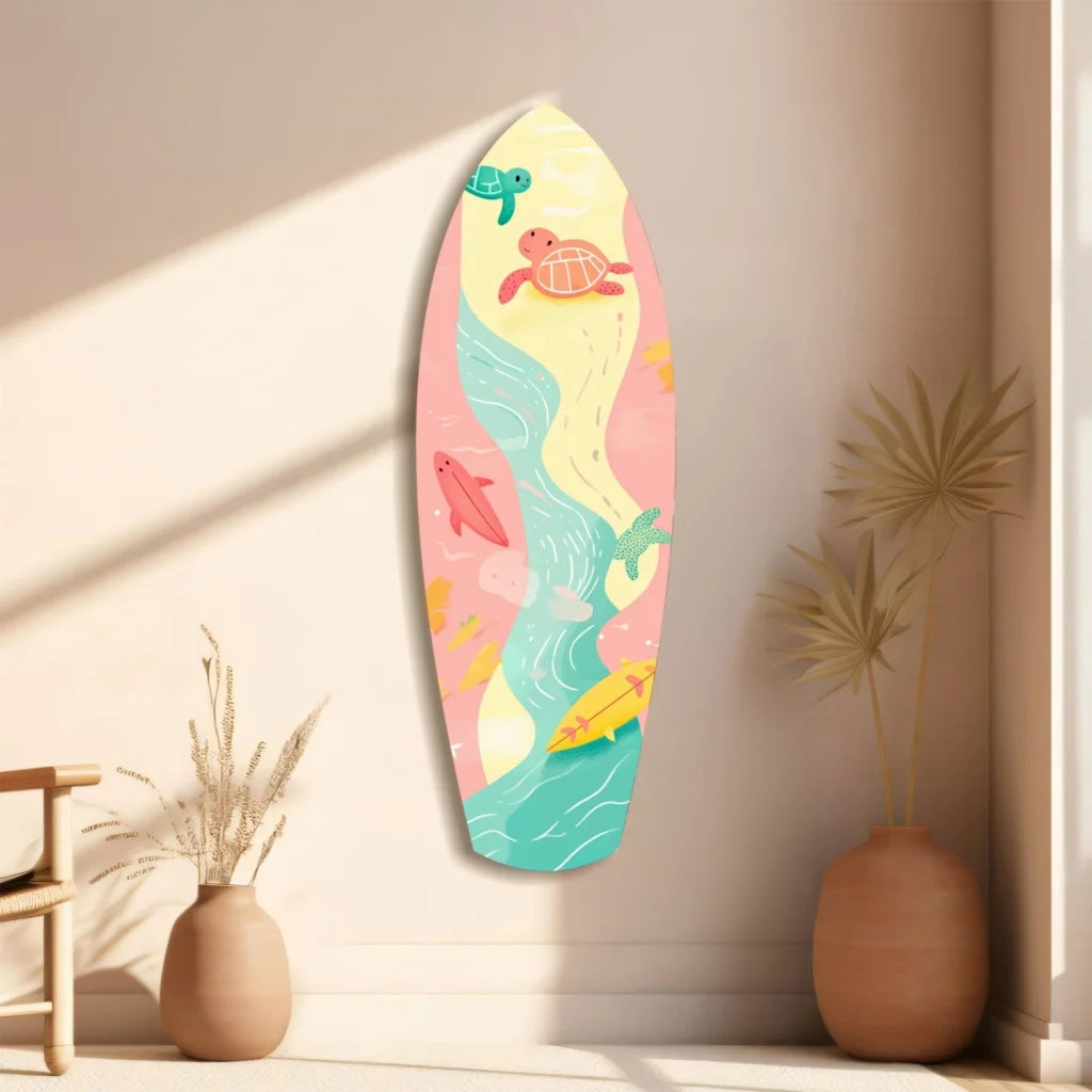 Whimsical surfboard tempered glass art with sea creatures
