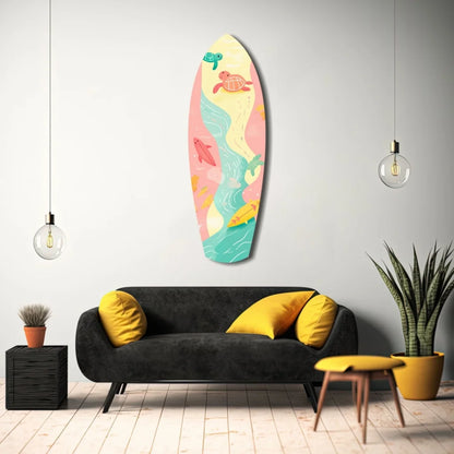 Colorful surfboard tempered glass art with whimsical sea creatures