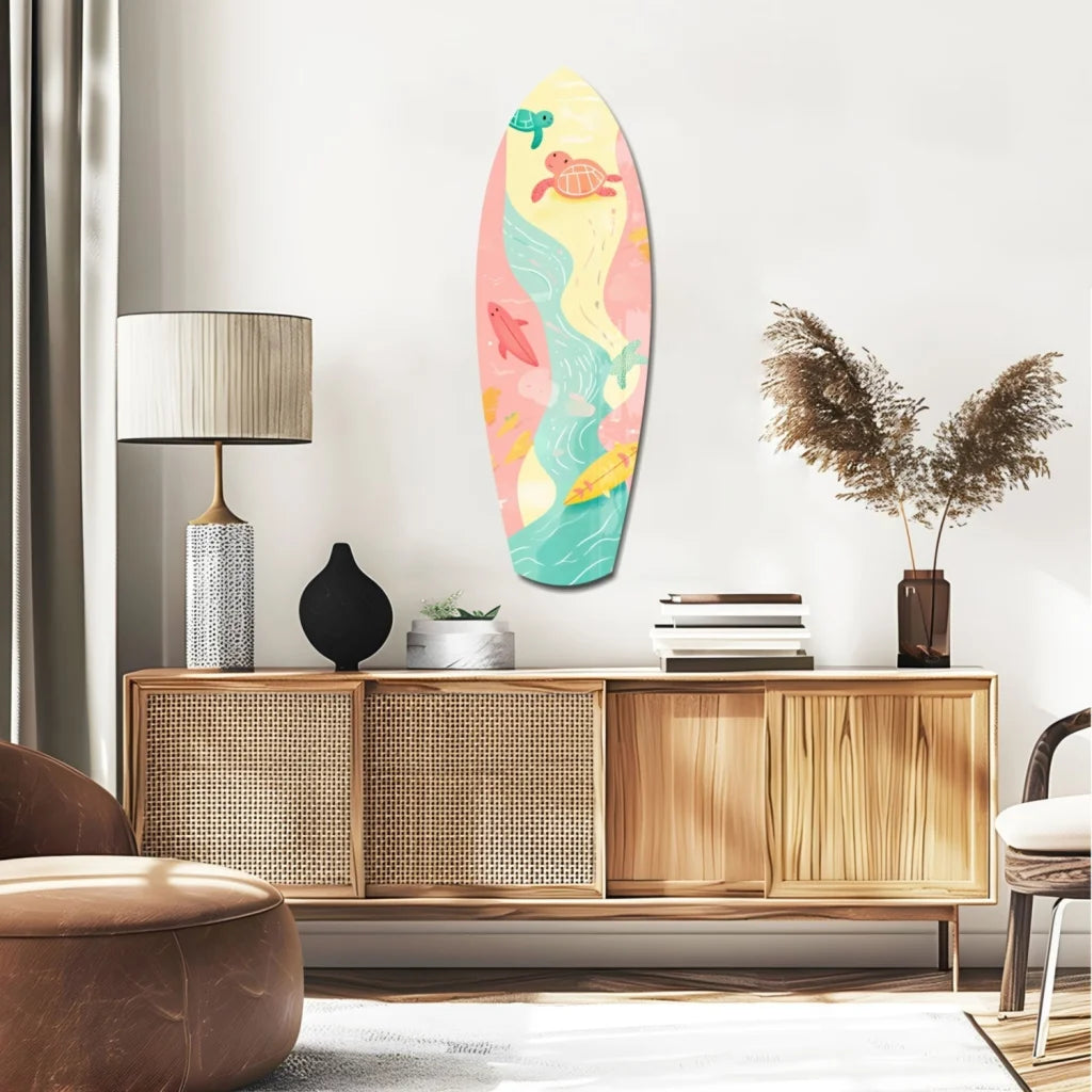 Pastel surfboard tempered glass art with whimsical sea creatures