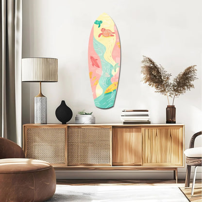 Pastel surfboard tempered glass art with whimsical sea creatures