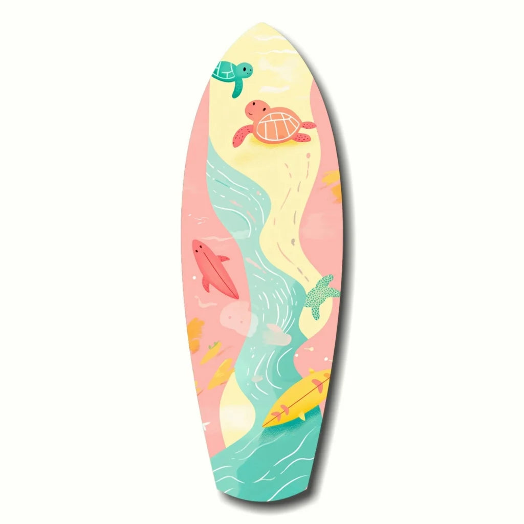 Pastel surfboard tempered glass art with whimsical sea turtles and coral