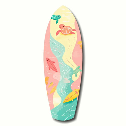 Pastel surfboard tempered glass art with whimsical sea turtles and coral