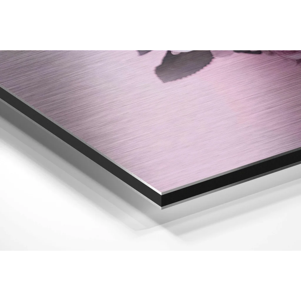 Stunning brushed aluminium dibond floral skull wall art with purple brushed metal finish