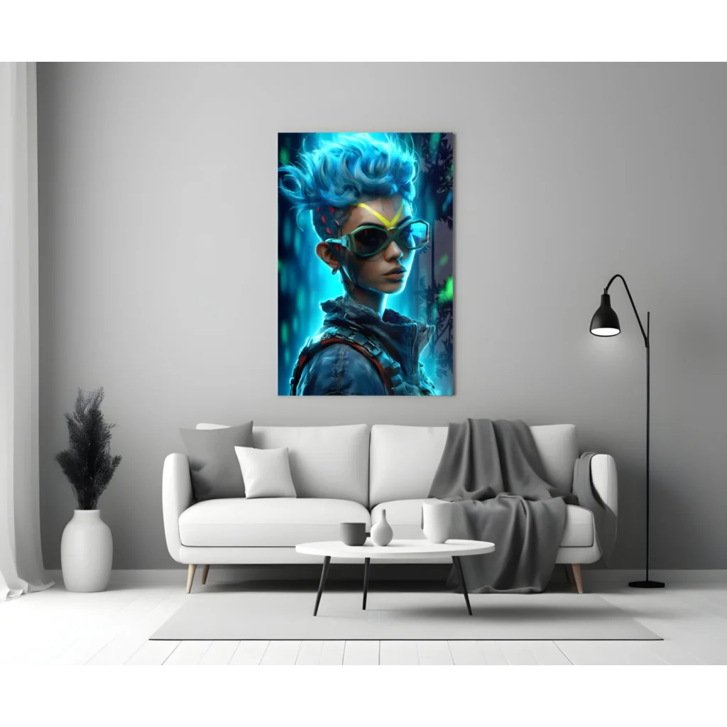 Electric Blue Cyberpunk Glass Wall Art With Neon Glow | Modern Wall Art Decor | vintageantiquesgifts.com