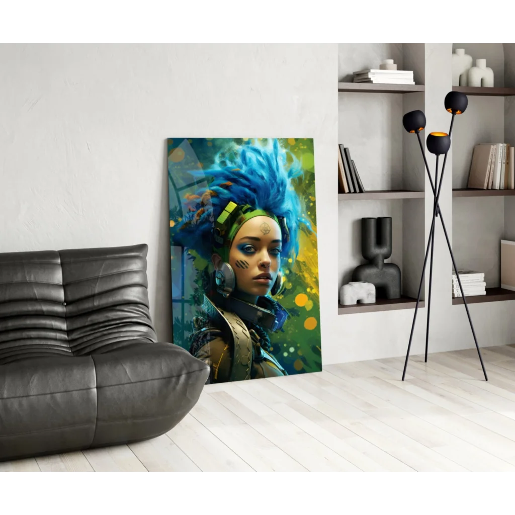 Cyberpunk Blue Hair Girl vibrant glass wall art on white wall