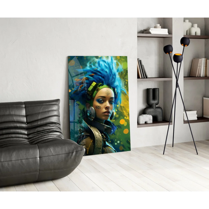 Cyberpunk Blue Hair Girl vibrant glass wall art on white wall