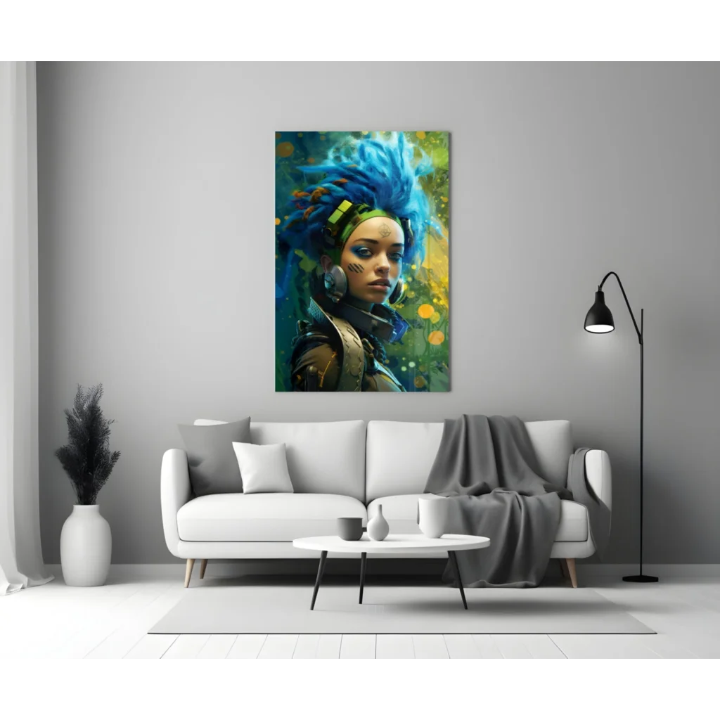 Cyberpunk Blue Hair Girl Glass Wall Art Futuristic Canvas Print | Modern Wall Art Decor | vintageantiquesgifts.com