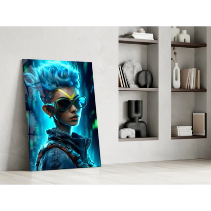 Electric blue cyberpunk glass wall art with glowing teal character