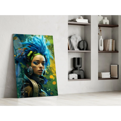 Futuristic cyberpunk girl with blue spiky hair on glass wall art