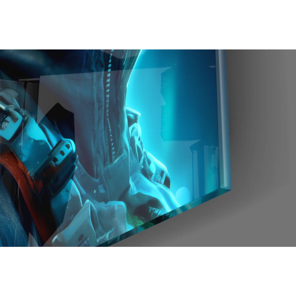Futuristic astronaut in glowing blue neon glass wall art