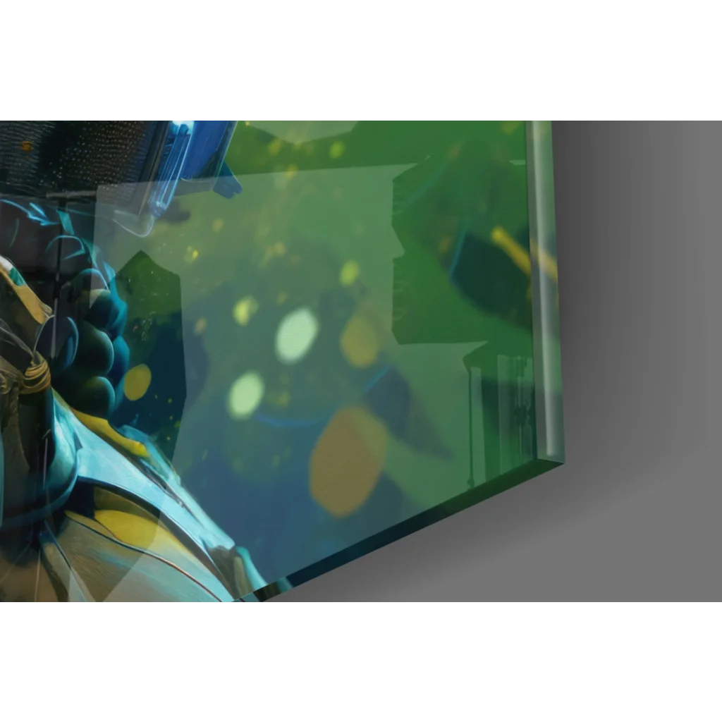 Framed cyberpunk blue hair girl glass wall art in teal armor on green bokeh background