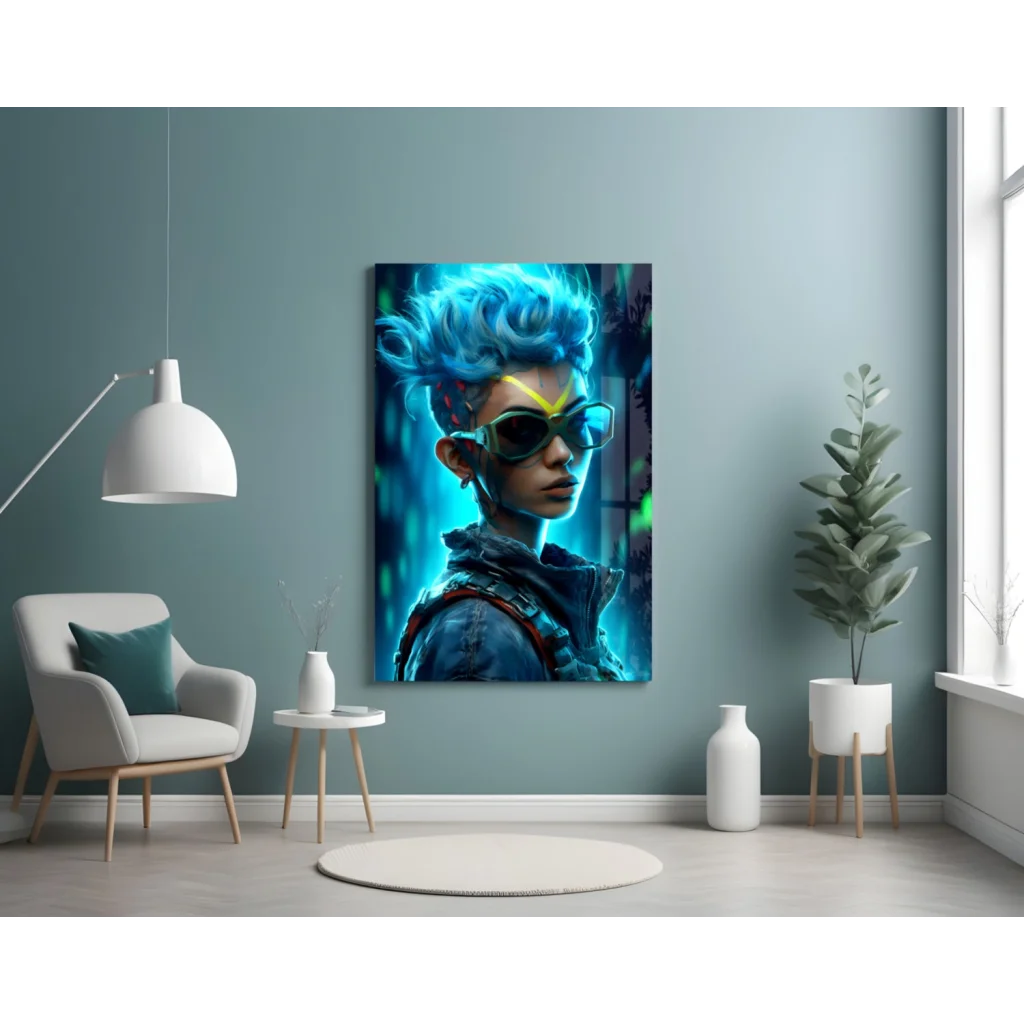 Electric Blue Cyberpunk Glass Wall Art With Neon Glow | Contemporary Home Wall Art | vintageantiquesgifts.com