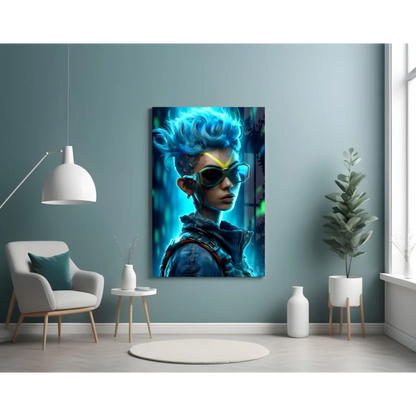 Electric Blue Cyberpunk Glass Wall Art With Neon Glow | Contemporary Home Wall Art | vintageantiquesgifts.com