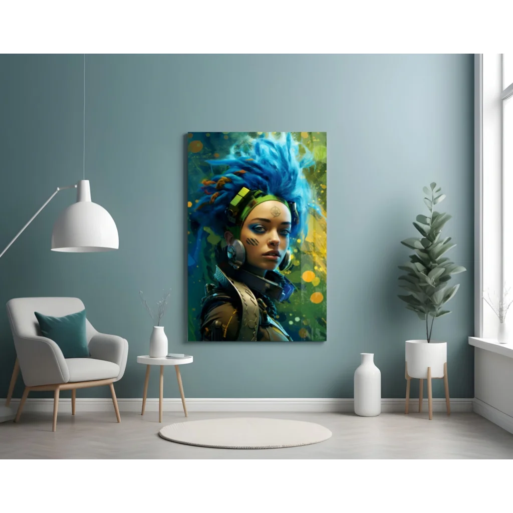 Cyberpunk Blue Hair Girl Glass Wall Art Futuristic Canvas Print | Contemporary Home Wall Art | vintageantiquesgifts.com
