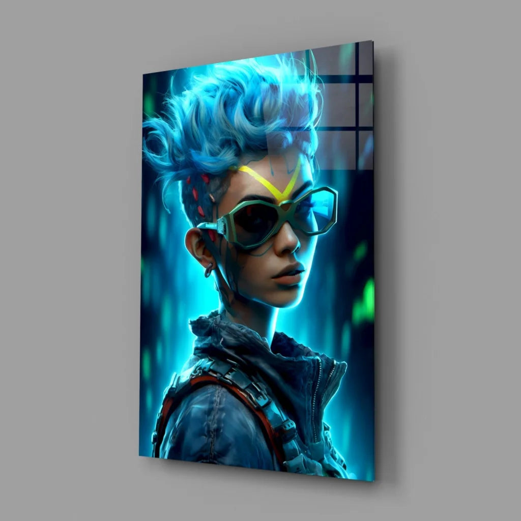 Electric Blue Cyberpunk Glass Wall Art With Neon Glow | Glass Wall Art Print | vintageantiquesgifts.com