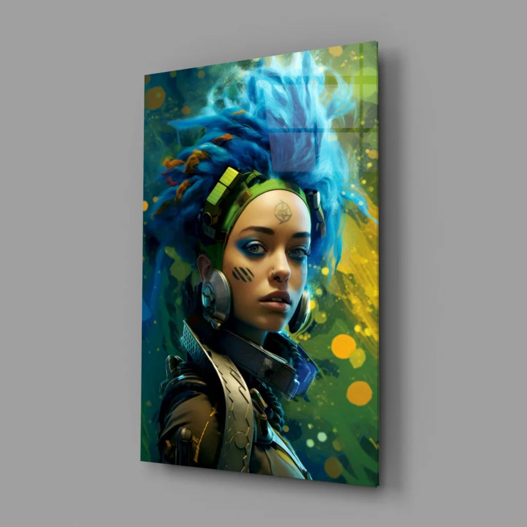 Cyberpunk Blue Hair Girl Glass Wall Art Futuristic Canvas Print | Glass Wall Art Print | vintageantiquesgifts.com