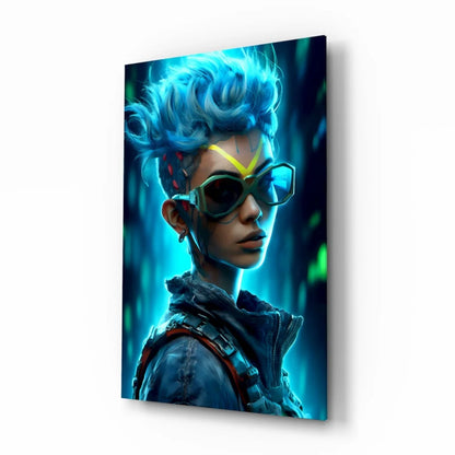 Electric Blue Cyberpunk Glass Wall Art With Neon Glow | Insigneart USA | vintageantiquesgifts.com