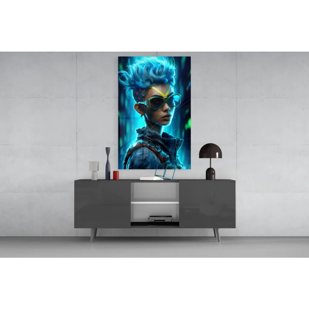 Vibrant electric blue cyberpunk glass wall art with neon glow character