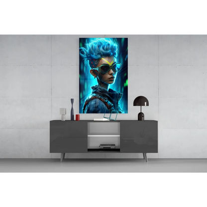 Vibrant electric blue cyberpunk glass wall art with neon glow character