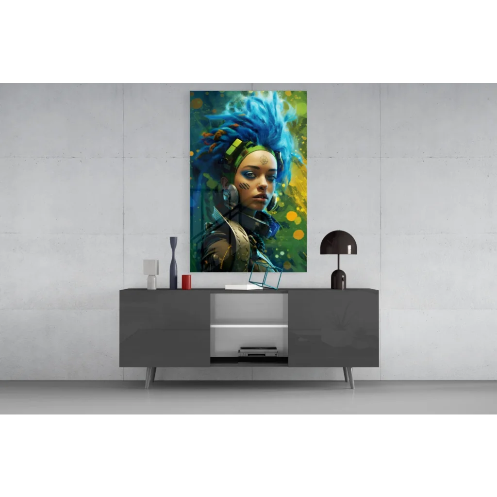 Vibrant cyberpunk blue hair girl glass wall art portrait