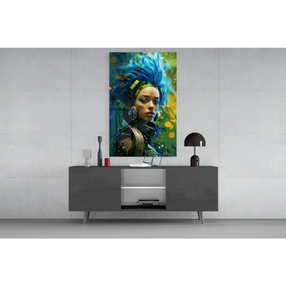 Vibrant cyberpunk blue hair girl glass wall art portrait
