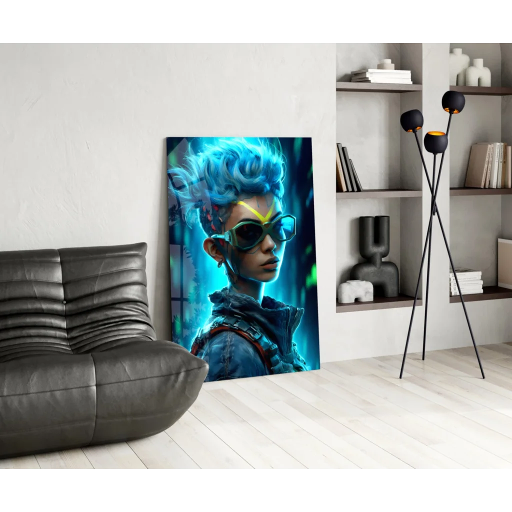 Electric blue cyberpunk glass wall art of glowing futuristic character