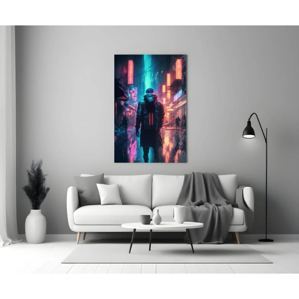 Vibrant neon cyberpunk street scene canvas wall art print