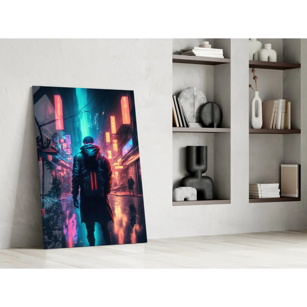 Vibrant neon cyberpunk cityscape wall art print with silhouetted figure