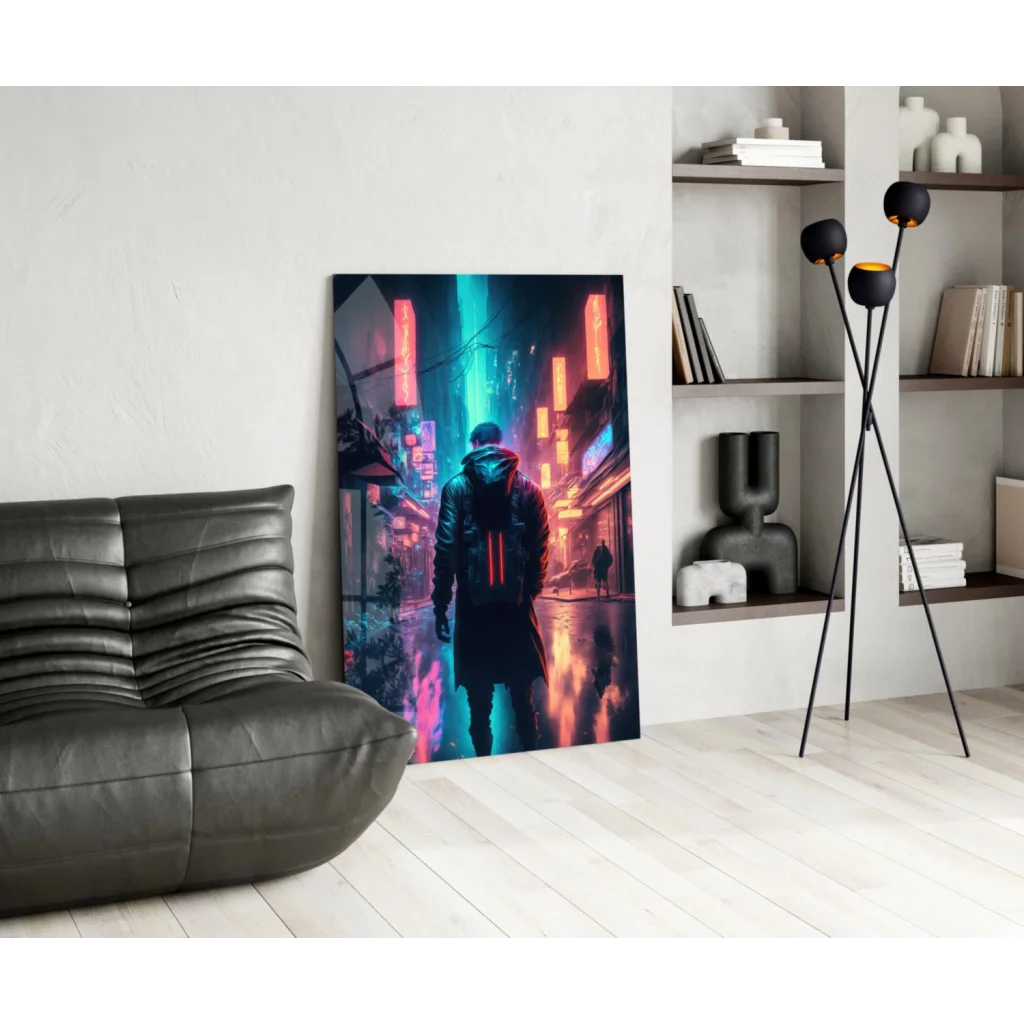 Vibrant neon cyberpunk cityscape wall art print with lone silhouette