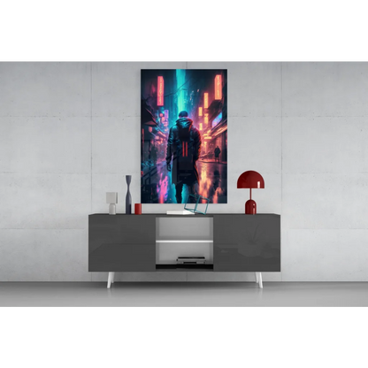 Neon cyberpunk street canvas wall art print of lone figure in rain-slicked alley