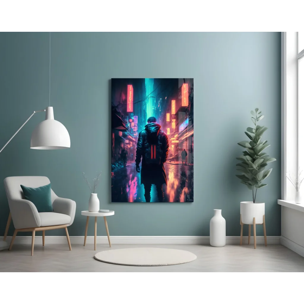 Vibrant neon cyberpunk street scene wall art canvas print