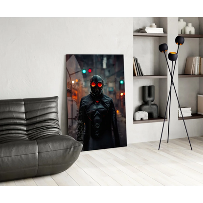 Cyberpunk hooded mask glass wall art with glowing red eyes