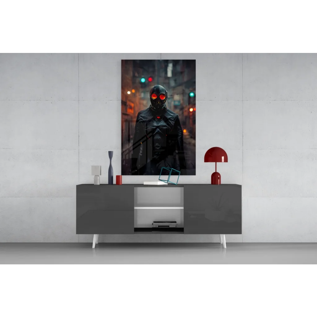 Cyberpunk hooded mask glass wall art with black red poster and glowing red eyes