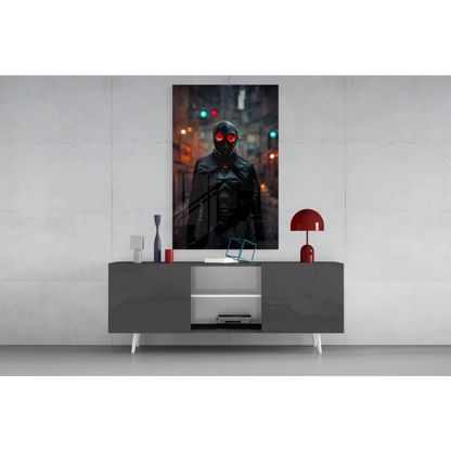 Cyberpunk hooded mask glass wall art with black red poster and glowing red eyes