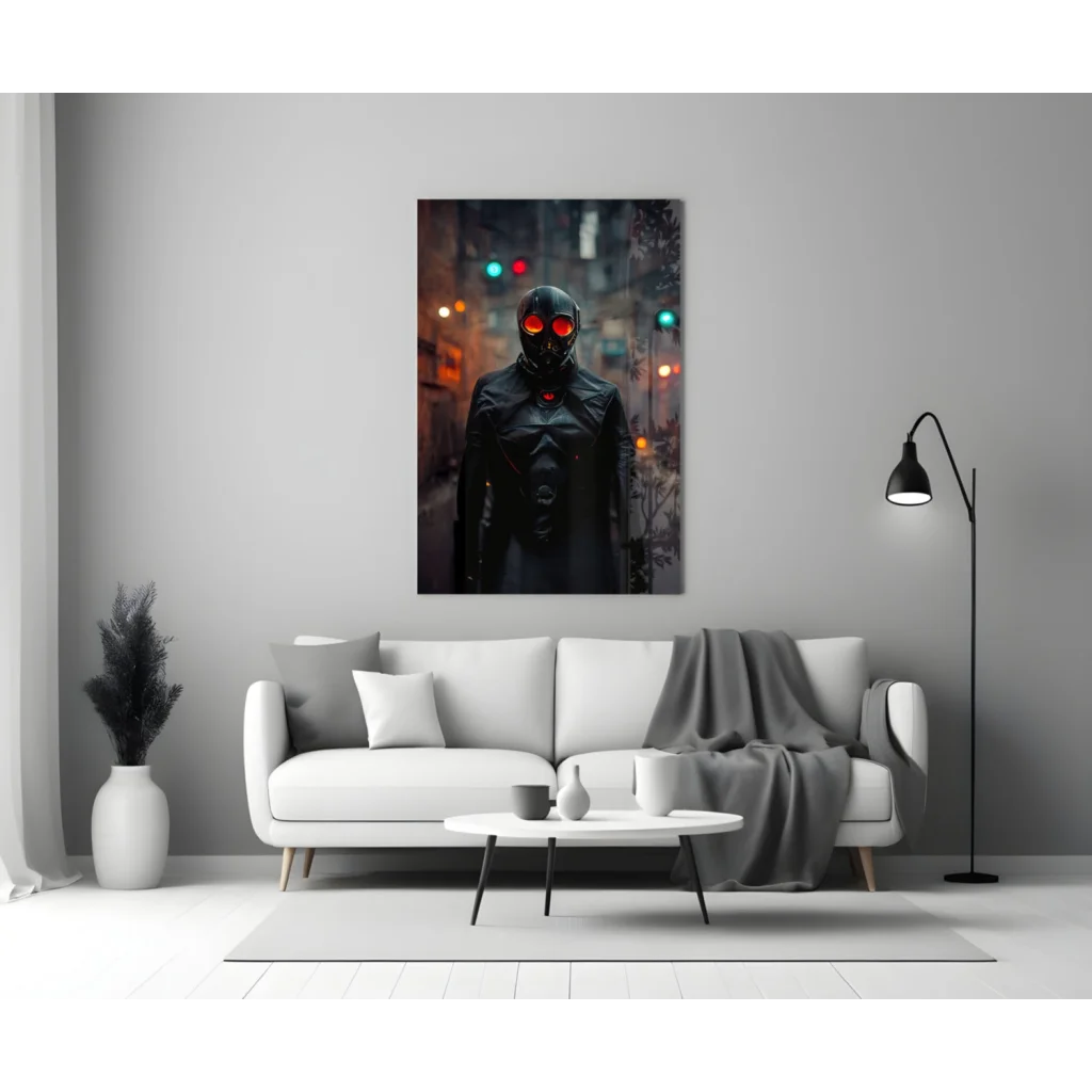 Cyberpunk hooded mask glass wall art with black leather jacket and glowing red eyes