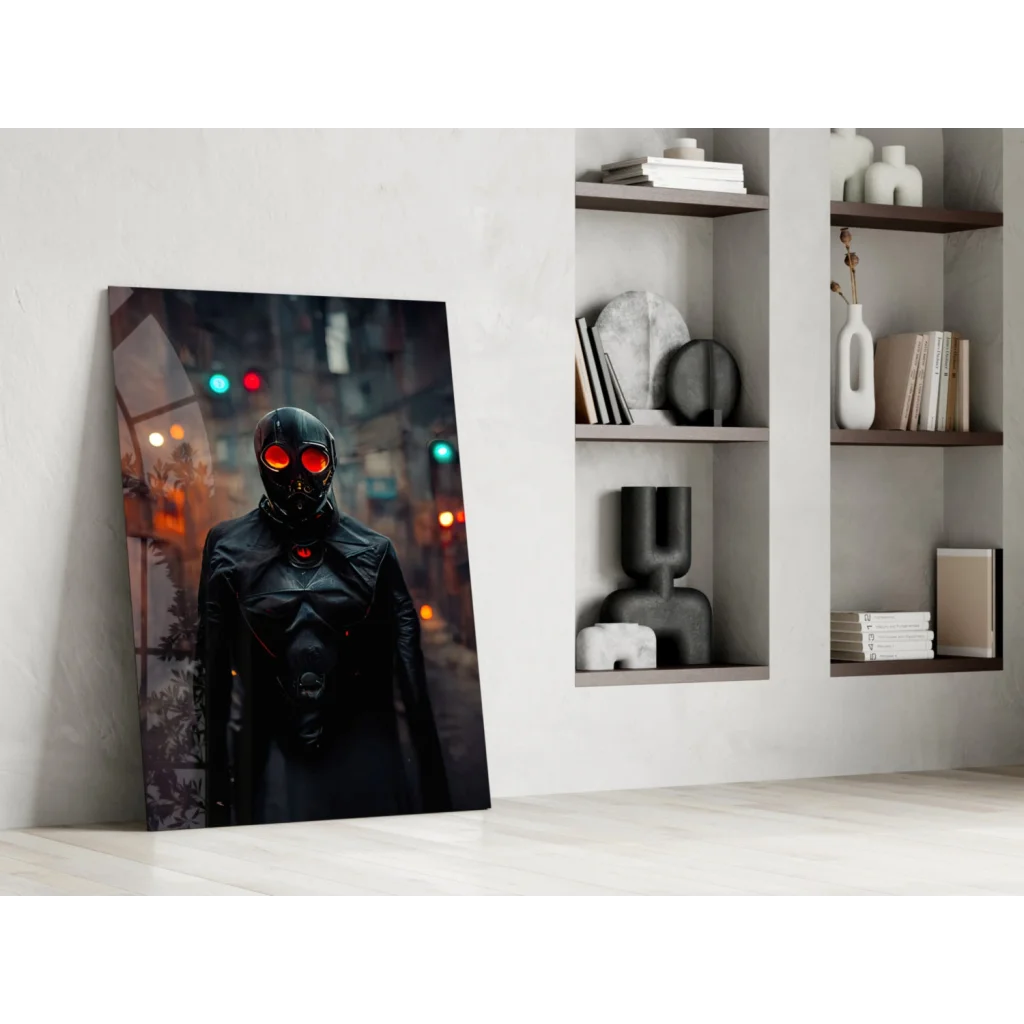 Black leather skull mask with glowing red eyes on cyberpunk glass wall art