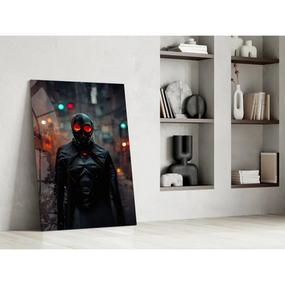 Black leather skull mask with glowing red eyes on cyberpunk glass wall art