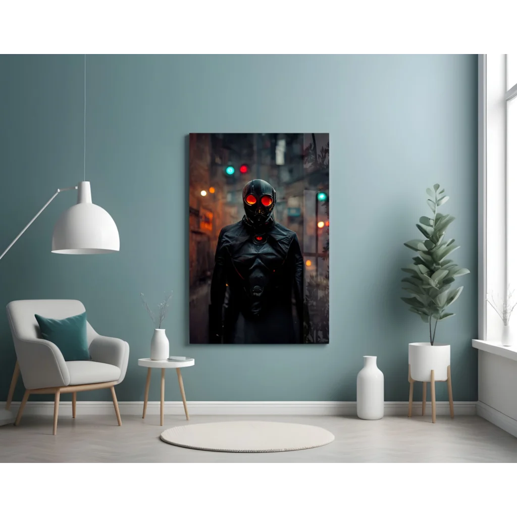 Cyberpunk hooded mask glass wall art with glowing red eyes
