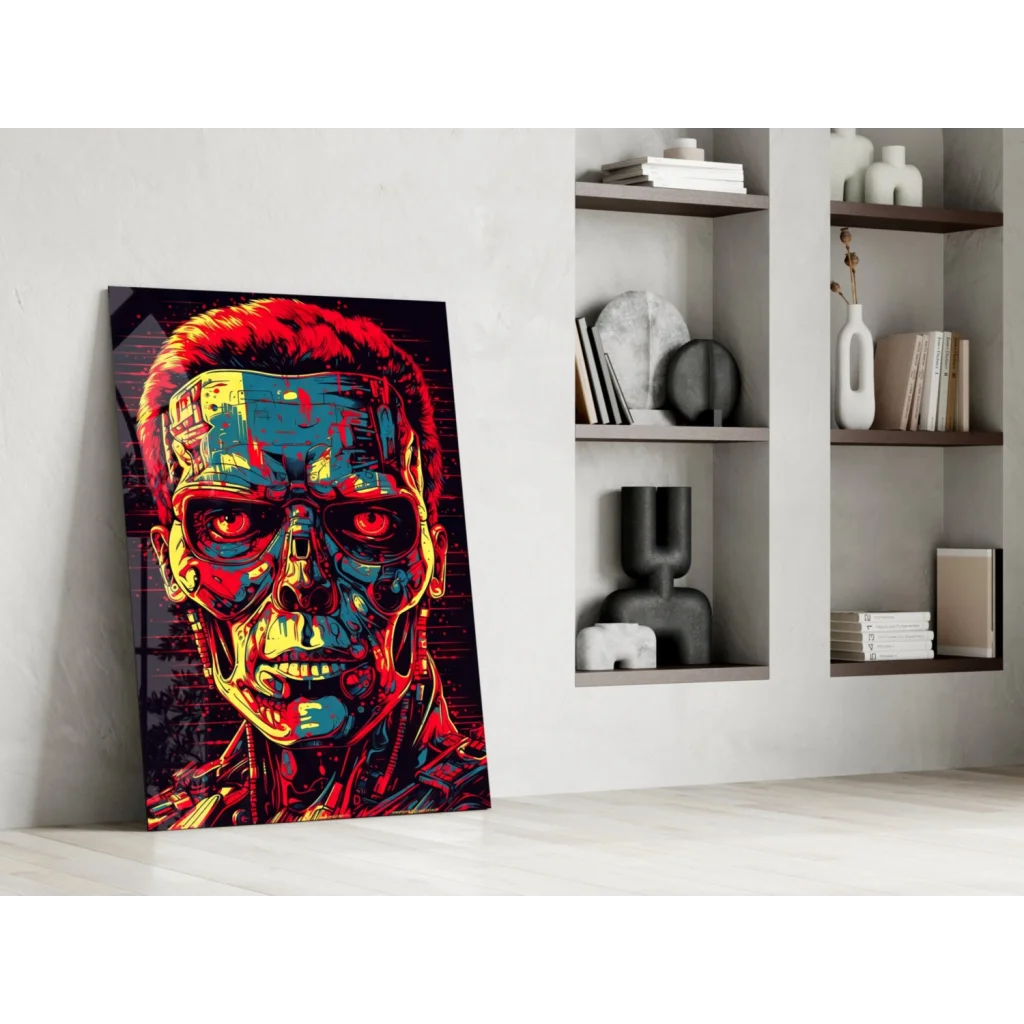 Cyberpunk Terminator skull glass wall art with glowing red eyes
