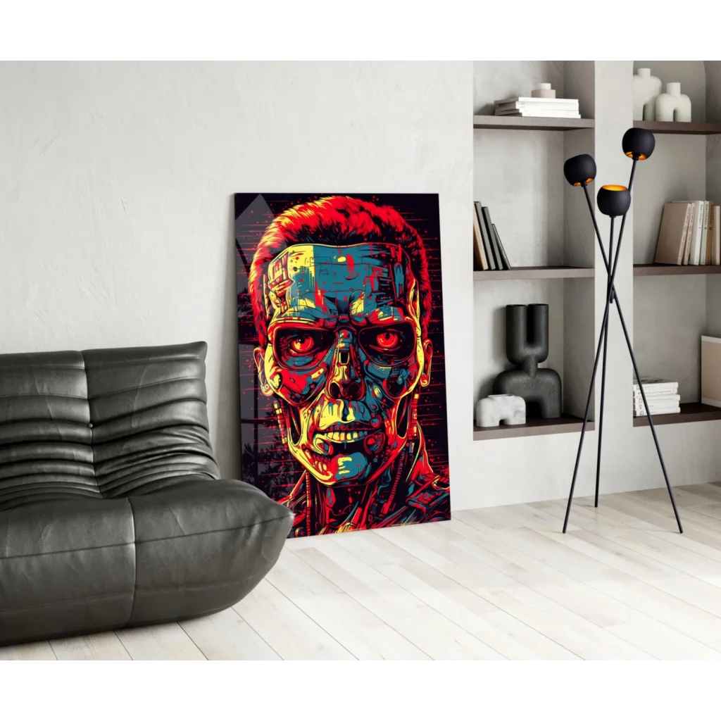 Vibrant cyberpunk terminator skull glass wall art with glowing red eyes