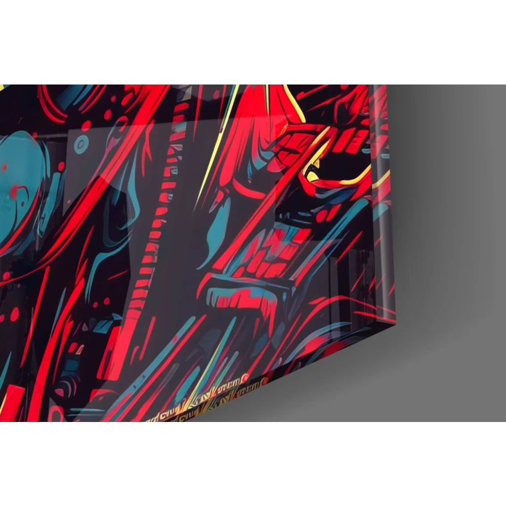 Vibrant cyberpunk terminator skull glass wall art with glowing red eyes