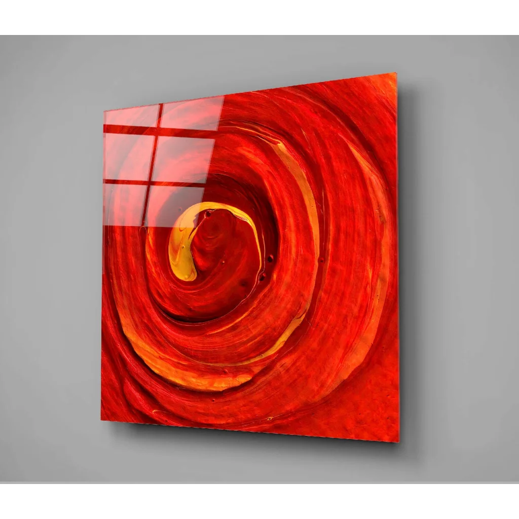 Vibrant red orange swirling glass wall art on glossy acrylic panel