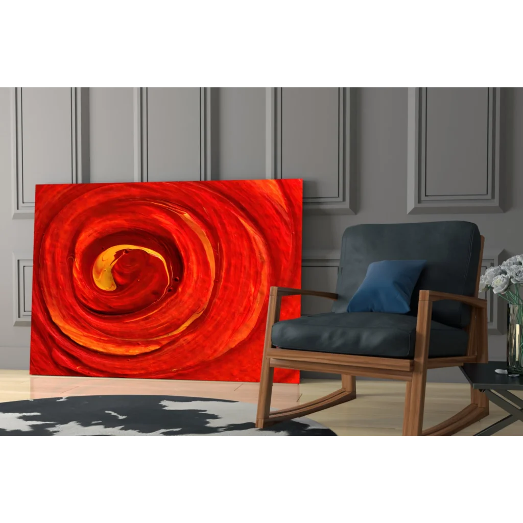 Vibrant fiery spiral glass wall art with red orange abstract swirls